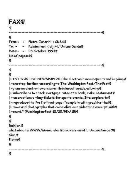 Figura 1. Il fax inviato da Pietro Zanarini a Reinier van Kleij in data 28 ottobre 1993 fonte people.crs4.itzipunionesarda