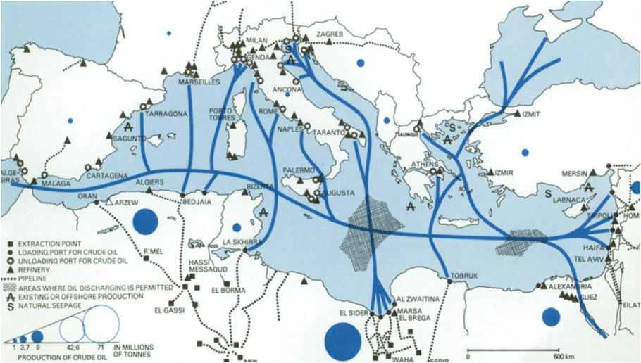 Fig. 5. Produzione e trasporto di petrolio nel bacino del Mediterraneo nel 1977   Fonte: United Nations Environment Programme.