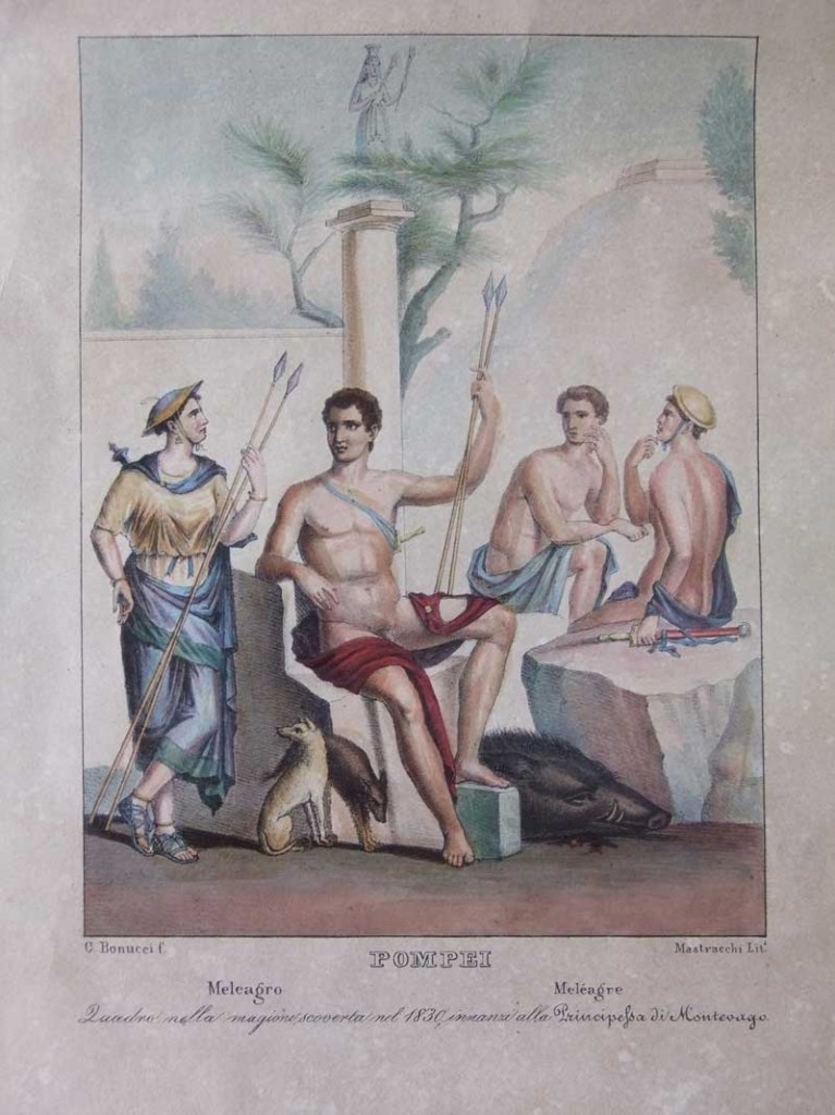 Tavola colorata presente nell'edizione di Pompei descritta del 1837 riproducente un affresco pompeiano che ha per soggetto Meleagro