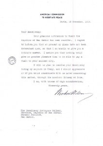 Immagine 1. Nota del Presidente Woodrow Wilson al Capitano Reggente S.E. Protogene Belloni del 23 dicembre 1918, fondo Segreteria Affari esteri – Archivio di Stato della Repubblica di San Marino.