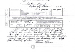 Immagine 2. Telegramma di Woodrow Wilson ai Capitani Reggenti di San Marino a seguito del conferimento della cittadinanza onoraria, fondo Segreteria Affari esteri, Archivio di Stato della Repubblica di San Marino.