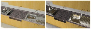Immagini del modello della cucina degli anni ’80: a sinistra all’interno del programma di modellazione, a destra all’interno del software di navigazione, con l’approssimazione del materiale “acciaio”.  